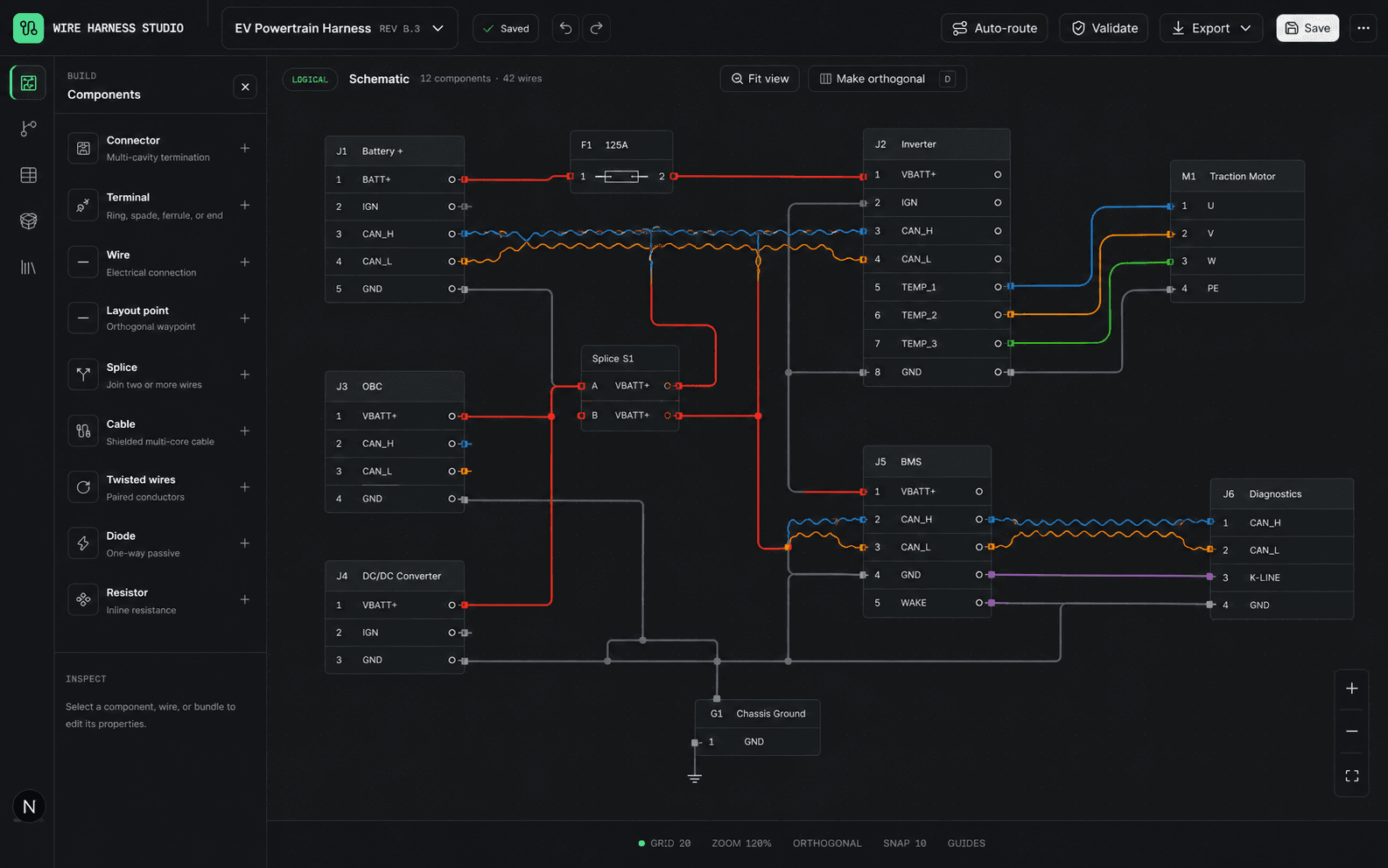 Wire Harness Studio schematic with connected devices, pin cavities, signals, and routed conductors