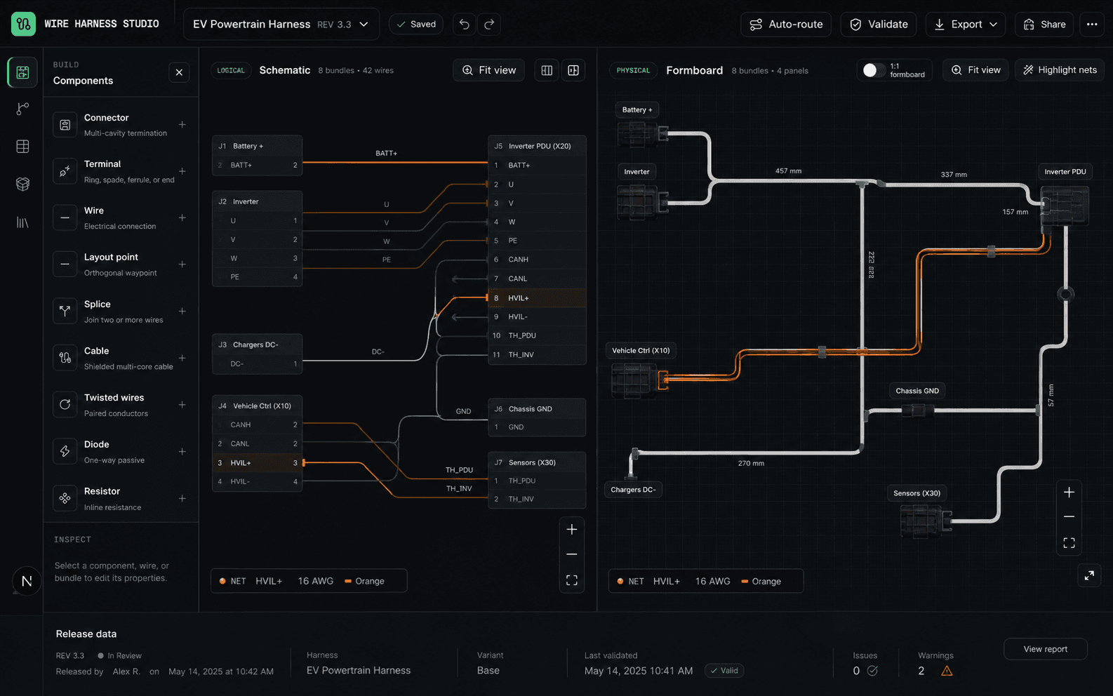 Wire Harness Studio showing one selected net synchronized across schematic, formboard, and release data